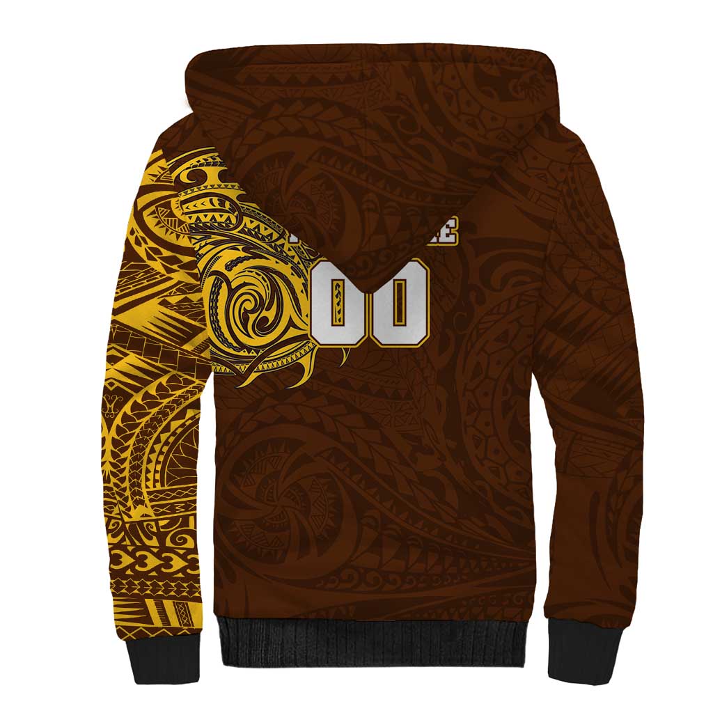 Personalized Hawthorn Hawks Polynesian Sherpa Hoodie Tribal Chest and Sleeve Tattoo Heritage Warrior