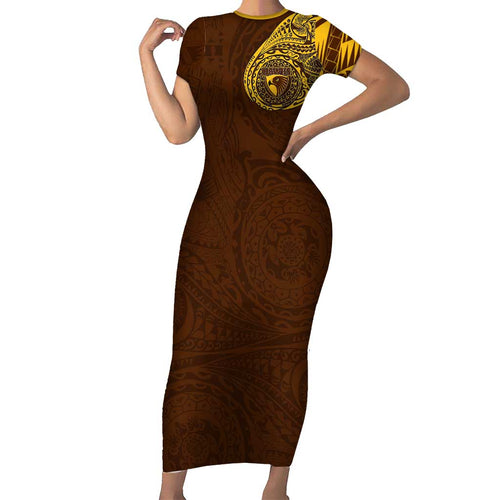 Personalized Hawthorn Hawks Polynesian Short Sleeve Bodycon Dress Tribal Chest and Sleeve Tattoo Heritage Warrior