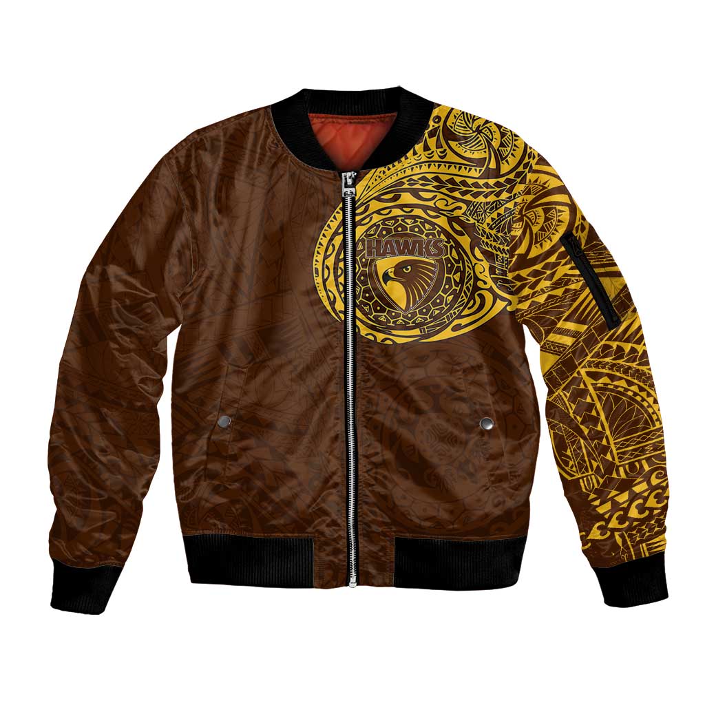 Personalized Hawthorn Hawks Polynesian Sleeve Zip Bomber Jacket Tribal Chest and Sleeve Tattoo Heritage Warrior