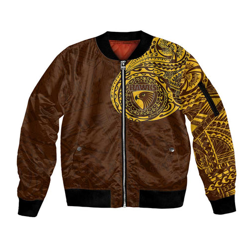Personalized Hawthorn Hawks Polynesian Sleeve Zip Bomber Jacket Tribal Chest and Sleeve Tattoo Heritage Warrior
