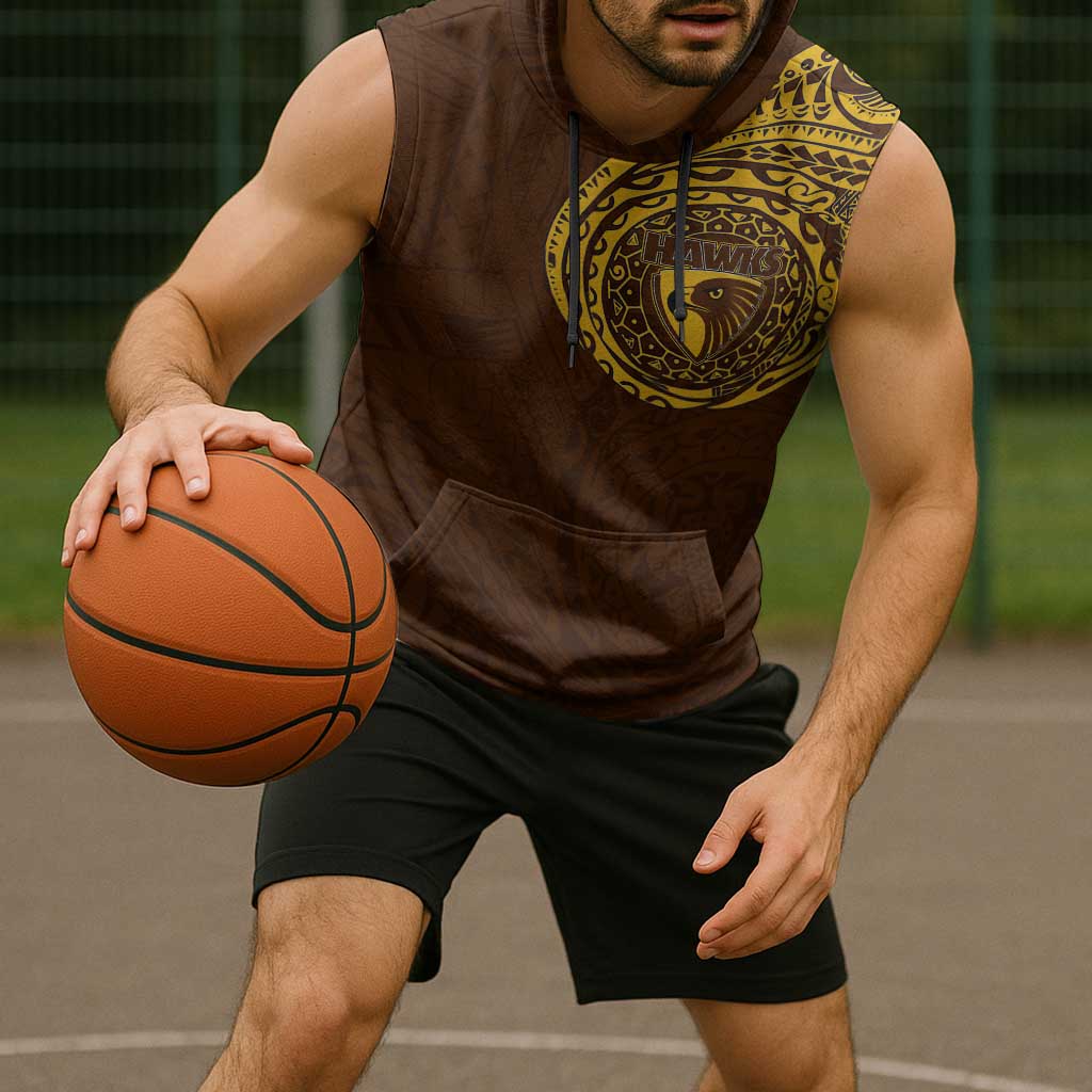 Personalized Hawthorn Hawks Polynesian Sleeveless Hoodie Tribal Chest and Sleeve Tattoo Heritage Warrior