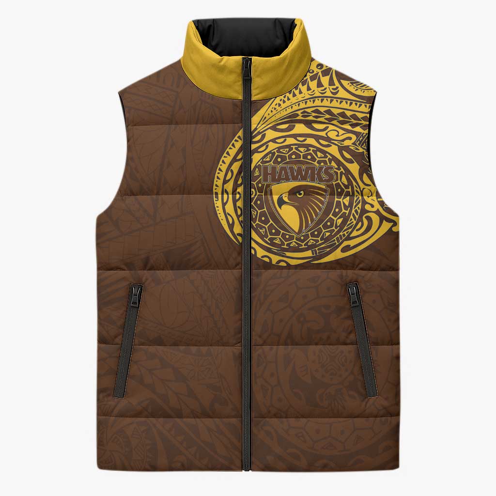 Personalized Hawthorn Hawks Polynesian Sleeveless Puffer Jacket Tribal Chest and Sleeve Tattoo Heritage Warrior