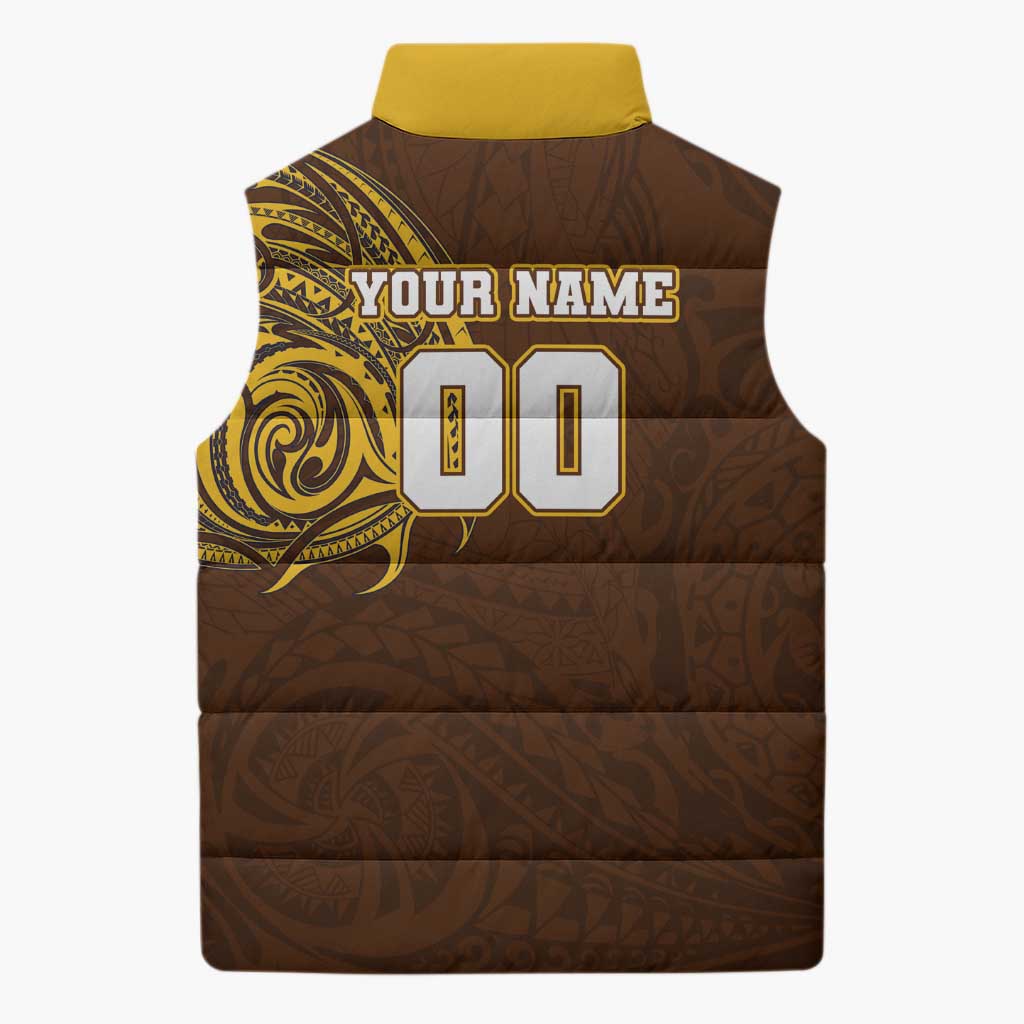 Personalized Hawthorn Hawks Polynesian Sleeveless Puffer Jacket Tribal Chest and Sleeve Tattoo Heritage Warrior