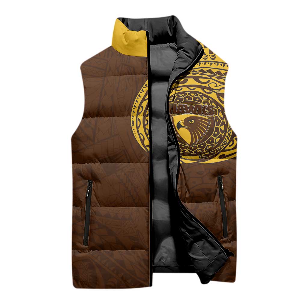 Personalized Hawthorn Hawks Polynesian Sleeveless Puffer Jacket Tribal Chest and Sleeve Tattoo Heritage Warrior