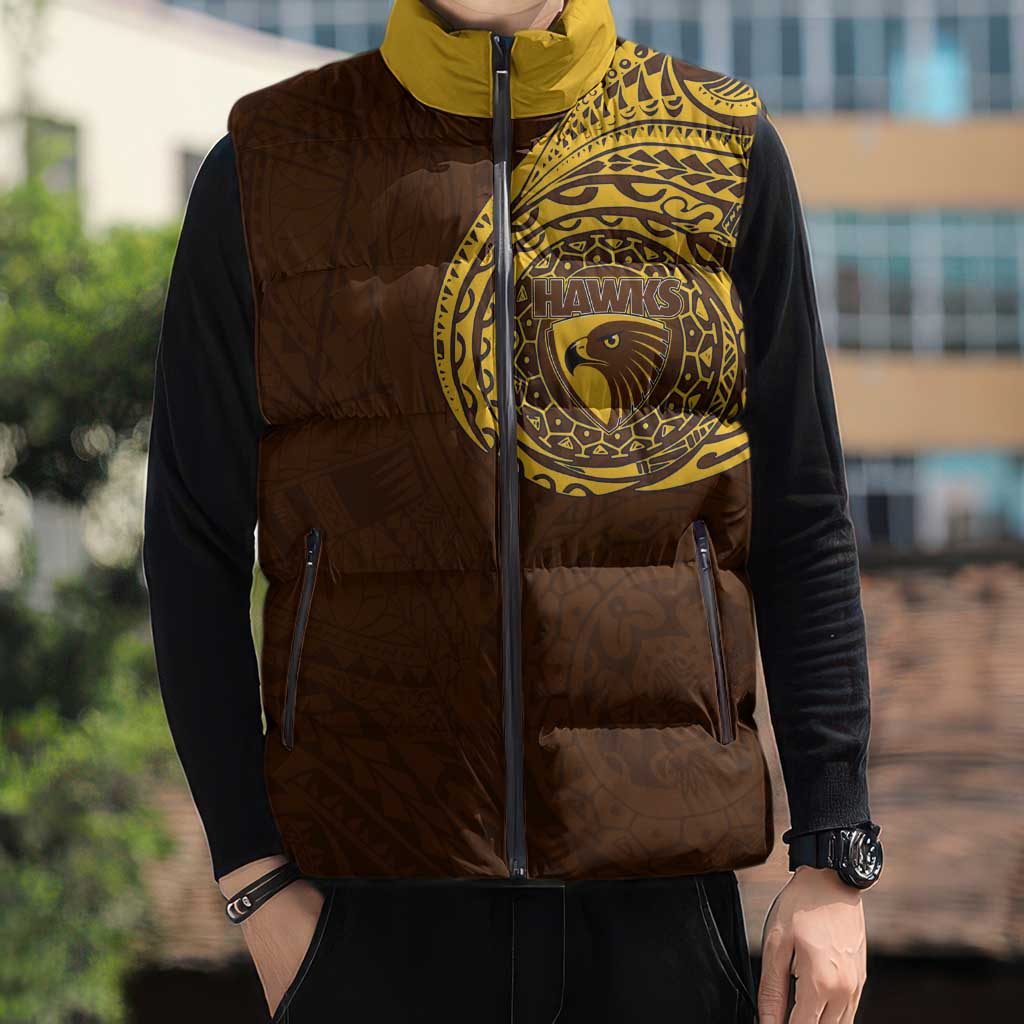 Personalized Hawthorn Hawks Polynesian Sleeveless Puffer Jacket Tribal Chest and Sleeve Tattoo Heritage Warrior