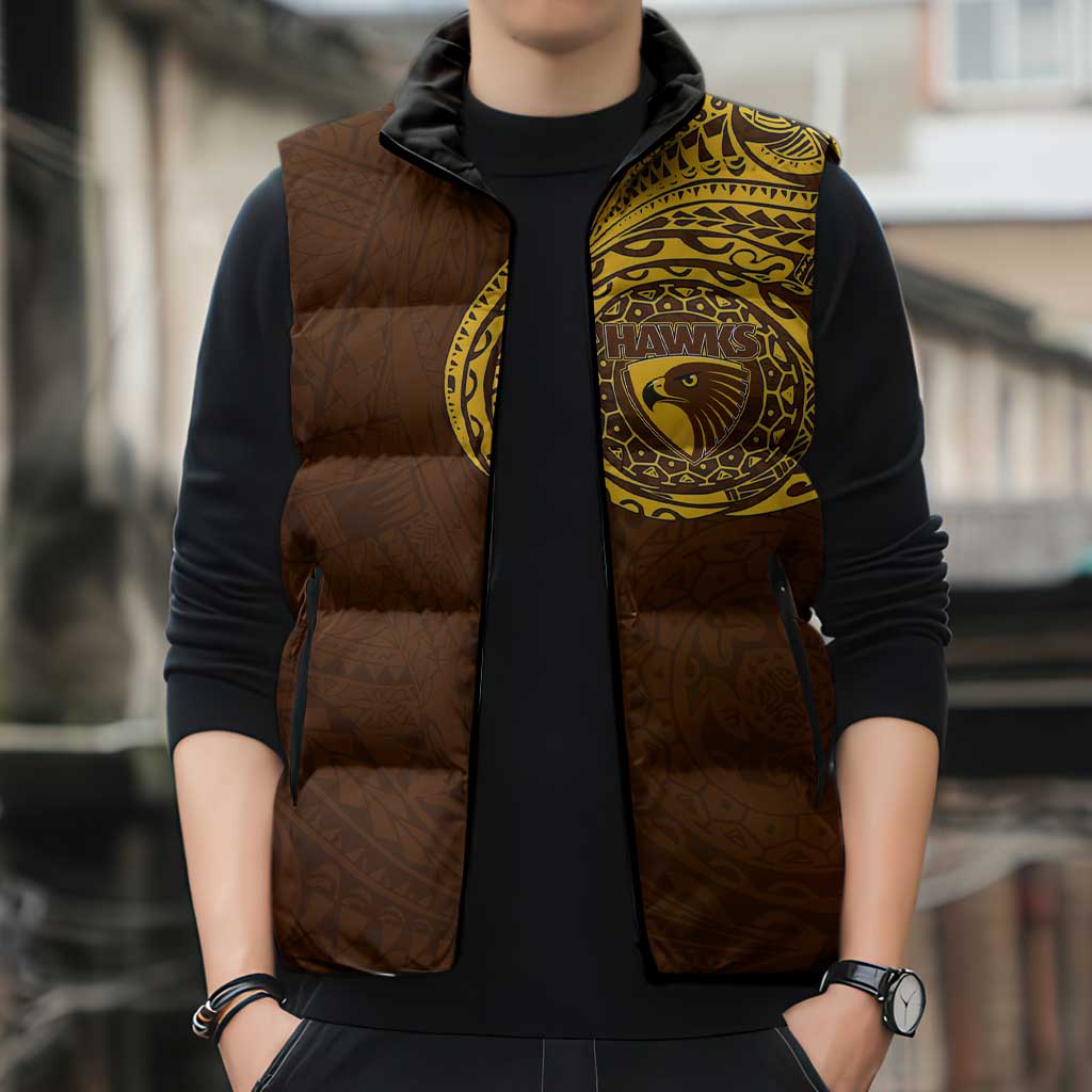 Personalized Hawthorn Hawks Polynesian Sleeveless Puffer Jacket Tribal Chest and Sleeve Tattoo Heritage Warrior