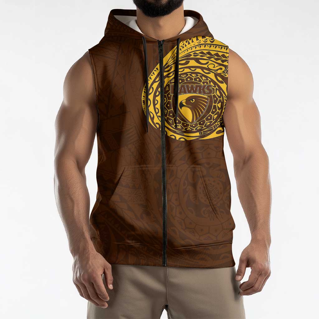 Personalized Hawthorn Hawks Polynesian Sleeveless Zip Hoodie Tribal Chest and Sleeve Tattoo Heritage Warrior