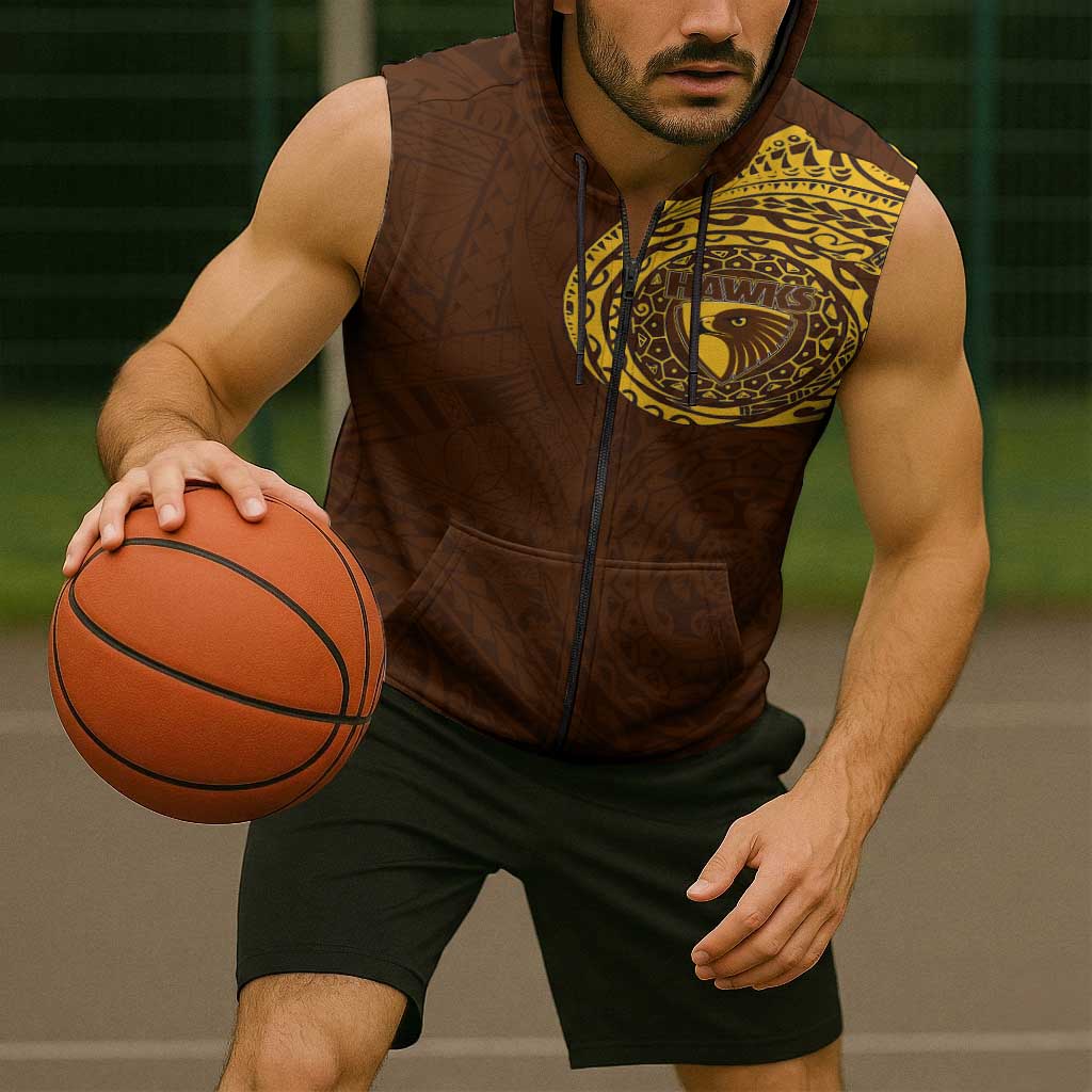 Personalized Hawthorn Hawks Polynesian Sleeveless Zip Hoodie Tribal Chest and Sleeve Tattoo Heritage Warrior