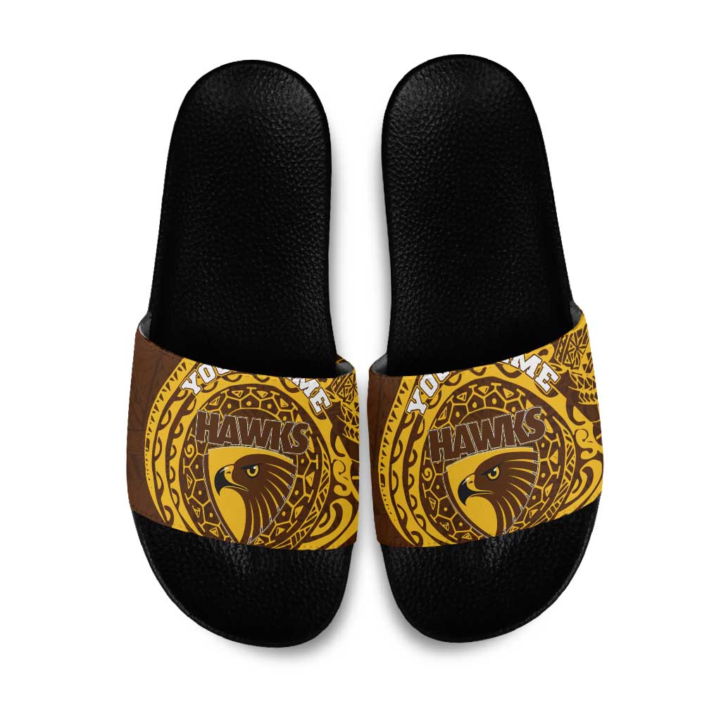 Personalized Hawthorn Hawks Polynesian Slide Sandals Tribal Chest and Sleeve Tattoo Heritage Warrior