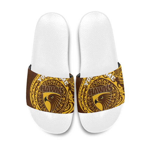 Personalized Hawthorn Hawks Polynesian Slide Sandals Tribal Chest and Sleeve Tattoo Heritage Warrior
