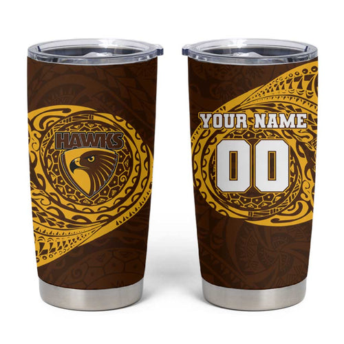 Personalized Hawthorn Hawks Polynesian Tumbler Cup Tribal Chest and Sleeve Tattoo Heritage Warrior
