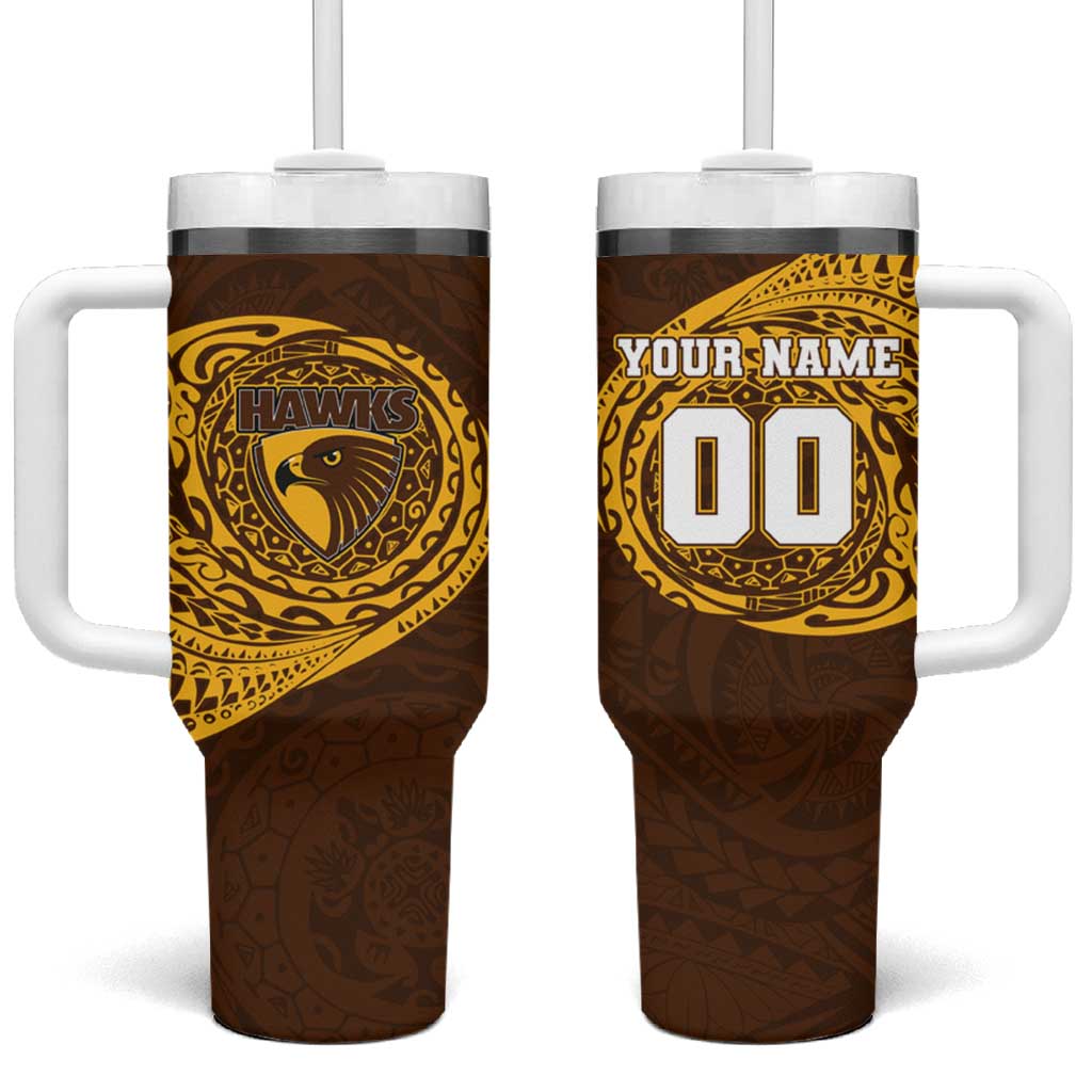 Personalized Hawthorn Hawks Polynesian Tumbler With Handle Tribal Chest and Sleeve Tattoo Heritage Warrior