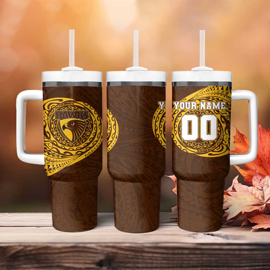 Personalized Hawthorn Hawks Polynesian Tumbler With Handle Tribal Chest and Sleeve Tattoo Heritage Warrior