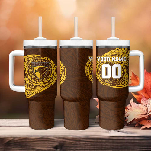 Personalized Hawthorn Hawks Polynesian Tumbler With Handle Tribal Chest and Sleeve Tattoo Heritage Warrior
