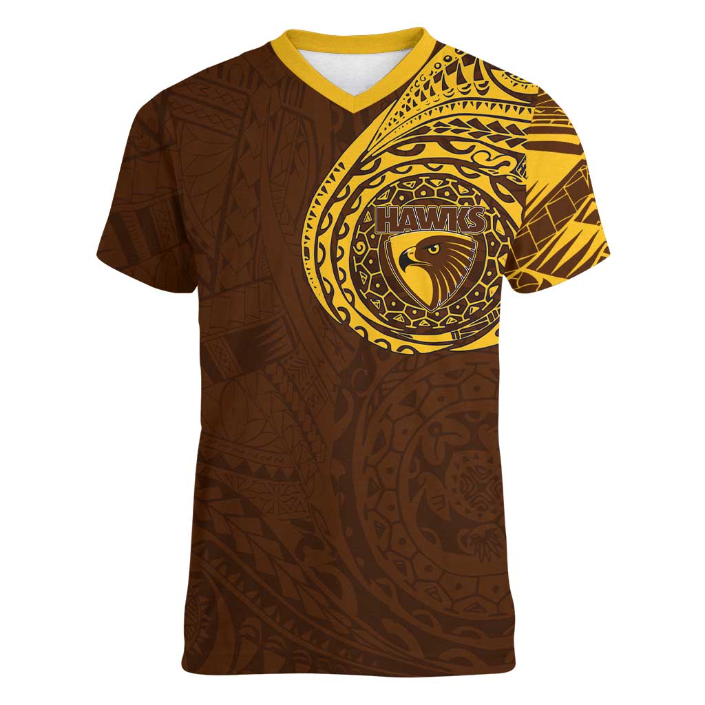 Personalized Hawthorn Hawks Polynesian Women V-Neck T-Shirt Tribal Chest and Sleeve Tattoo Heritage Warrior
