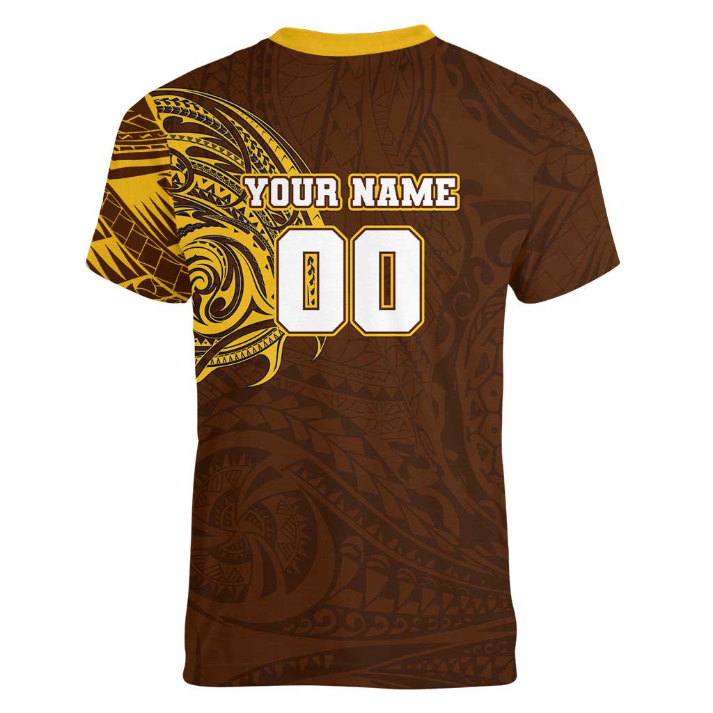 Personalized Hawthorn Hawks Polynesian Women V-Neck T-Shirt Tribal Chest and Sleeve Tattoo Heritage Warrior