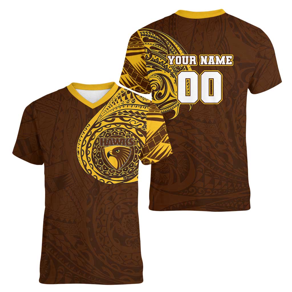 Personalized Hawthorn Hawks Polynesian Women V-Neck T-Shirt Tribal Chest and Sleeve Tattoo Heritage Warrior