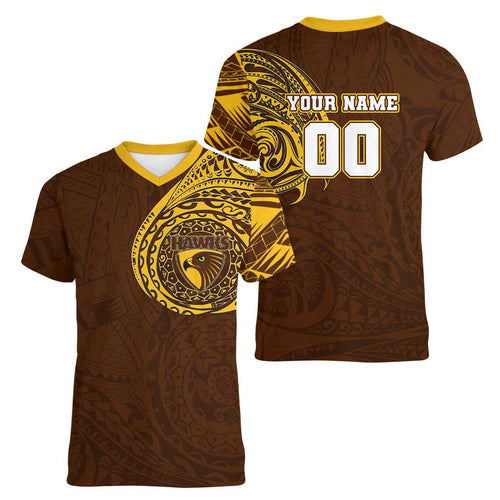 Personalized Hawthorn Hawks Polynesian Women V-Neck T-Shirt Tribal Chest and Sleeve Tattoo Heritage Warrior