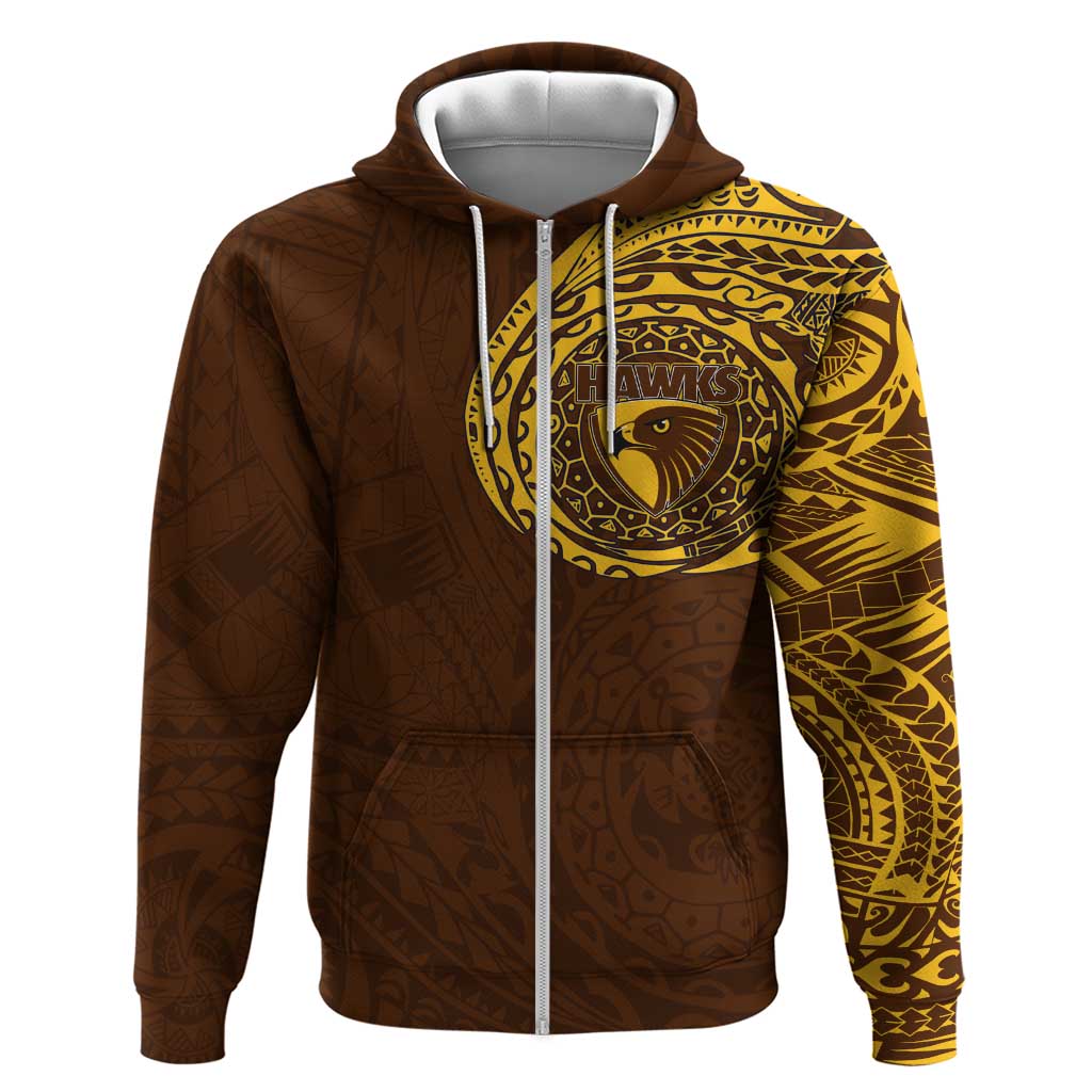 Personalized Hawthorn Hawks Polynesian Zip Hoodie Tribal Chest and Sleeve Tattoo Heritage Warrior