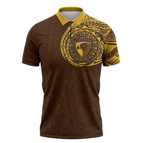 Personalized Hawthorn Hawks Polynesian Zipper Polo Shirt Tribal Chest and Sleeve Tattoo Heritage Warrior