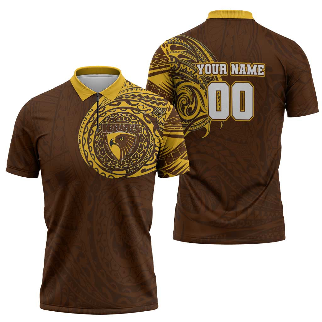 Personalized Hawthorn Hawks Polynesian Zipper Polo Shirt Tribal Chest and Sleeve Tattoo Heritage Warrior