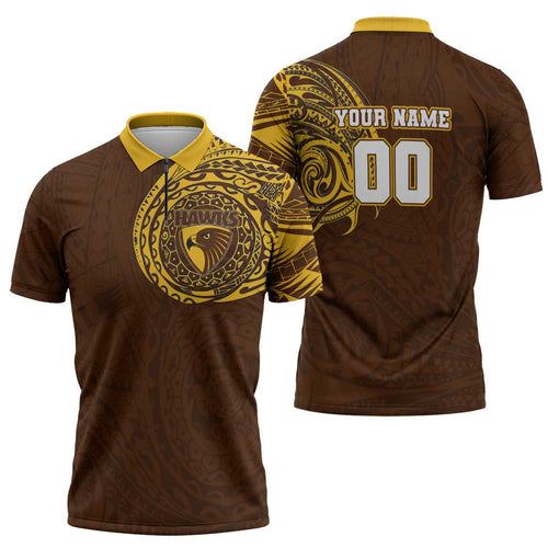 Personalized Hawthorn Hawks Polynesian Zipper Polo Shirt Tribal Chest and Sleeve Tattoo Heritage Warrior