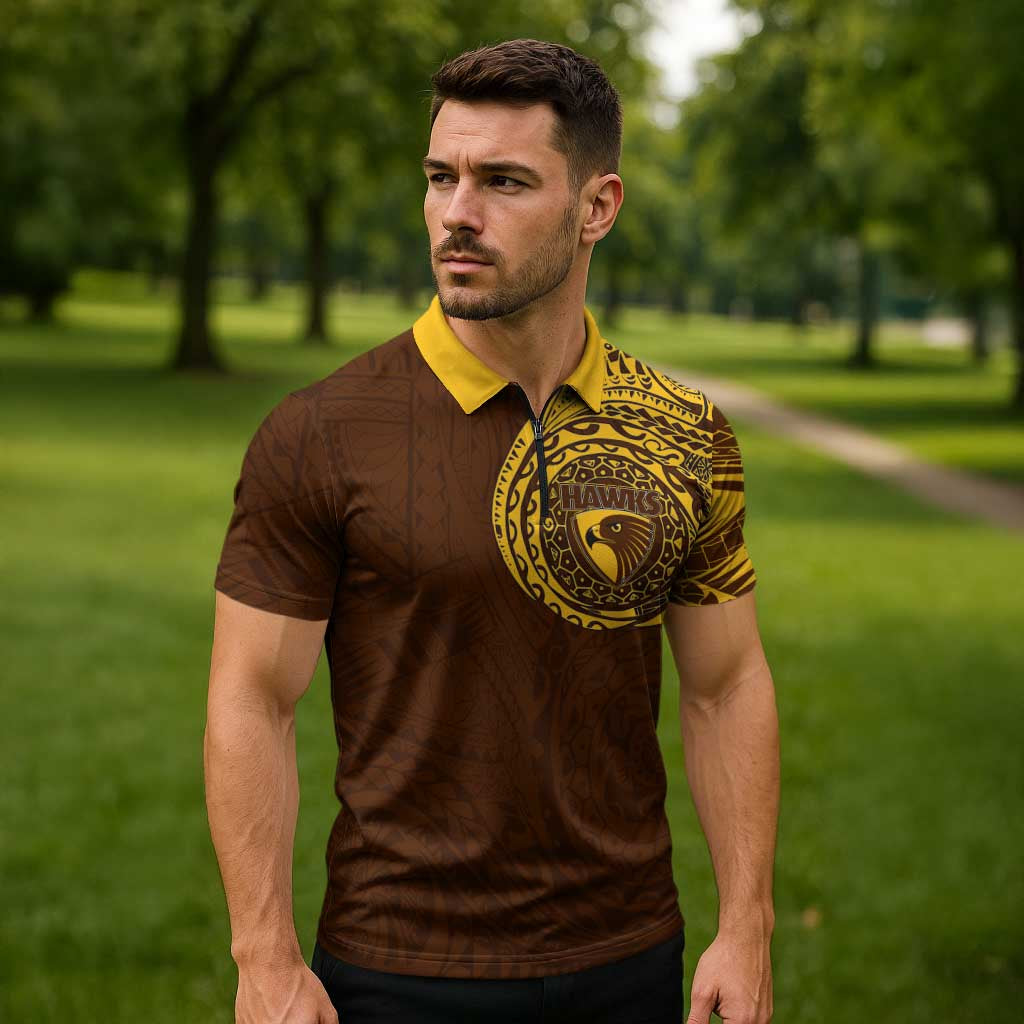 Personalized Hawthorn Hawks Polynesian Zipper Polo Shirt Tribal Chest and Sleeve Tattoo Heritage Warrior