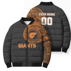 Personalized Giants Polynesian Bomber Puffer Jacket Tribal Chest and Sleeve Tattoo Heritage Warrior