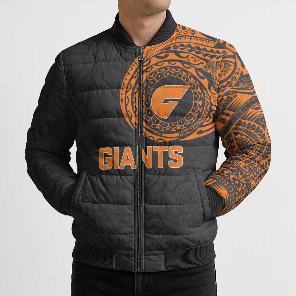 Personalized Giants Polynesian Bomber Puffer Jacket Tribal Chest and Sleeve Tattoo Heritage Warrior