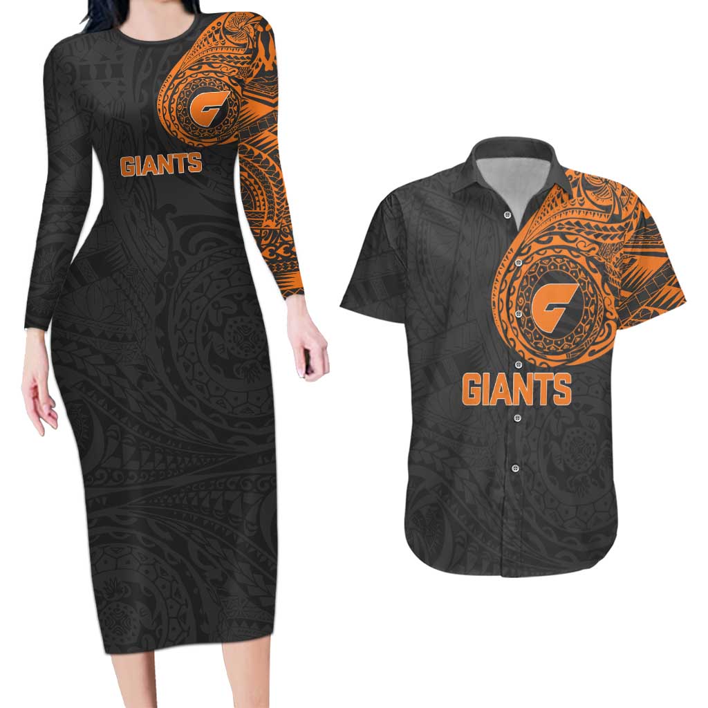 Personalized Giants Polynesian Couples Matching Long Sleeve Bodycon Dress and Hawaiian Shirt Tribal Chest and Sleeve Tattoo Heritage Warrior