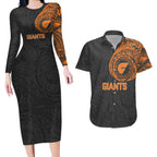 Personalized Giants Polynesian Couples Matching Long Sleeve Bodycon Dress and Hawaiian Shirt Tribal Chest and Sleeve Tattoo Heritage Warrior