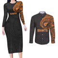 Personalized Giants Polynesian Couples Matching Long Sleeve Bodycon Dress and Long Sleeve Button Shirt Tribal Chest and Sleeve Tattoo Heritage Warrior