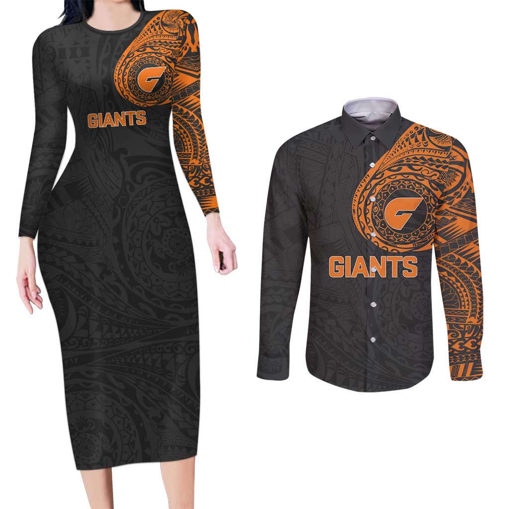 Personalized Giants Polynesian Couples Matching Long Sleeve Bodycon Dress and Long Sleeve Button Shirt Tribal Chest and Sleeve Tattoo Heritage Warrior