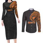 Personalized Giants Polynesian Couples Matching Long Sleeve Bodycon Dress and Long Sleeve Button Shirt Tribal Chest and Sleeve Tattoo Heritage Warrior
