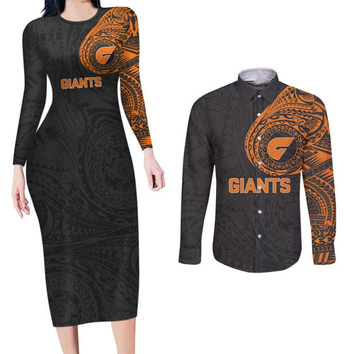 Personalized Giants Polynesian Couples Matching Long Sleeve Bodycon Dress and Long Sleeve Button Shirt Tribal Chest and Sleeve Tattoo Heritage Warrior