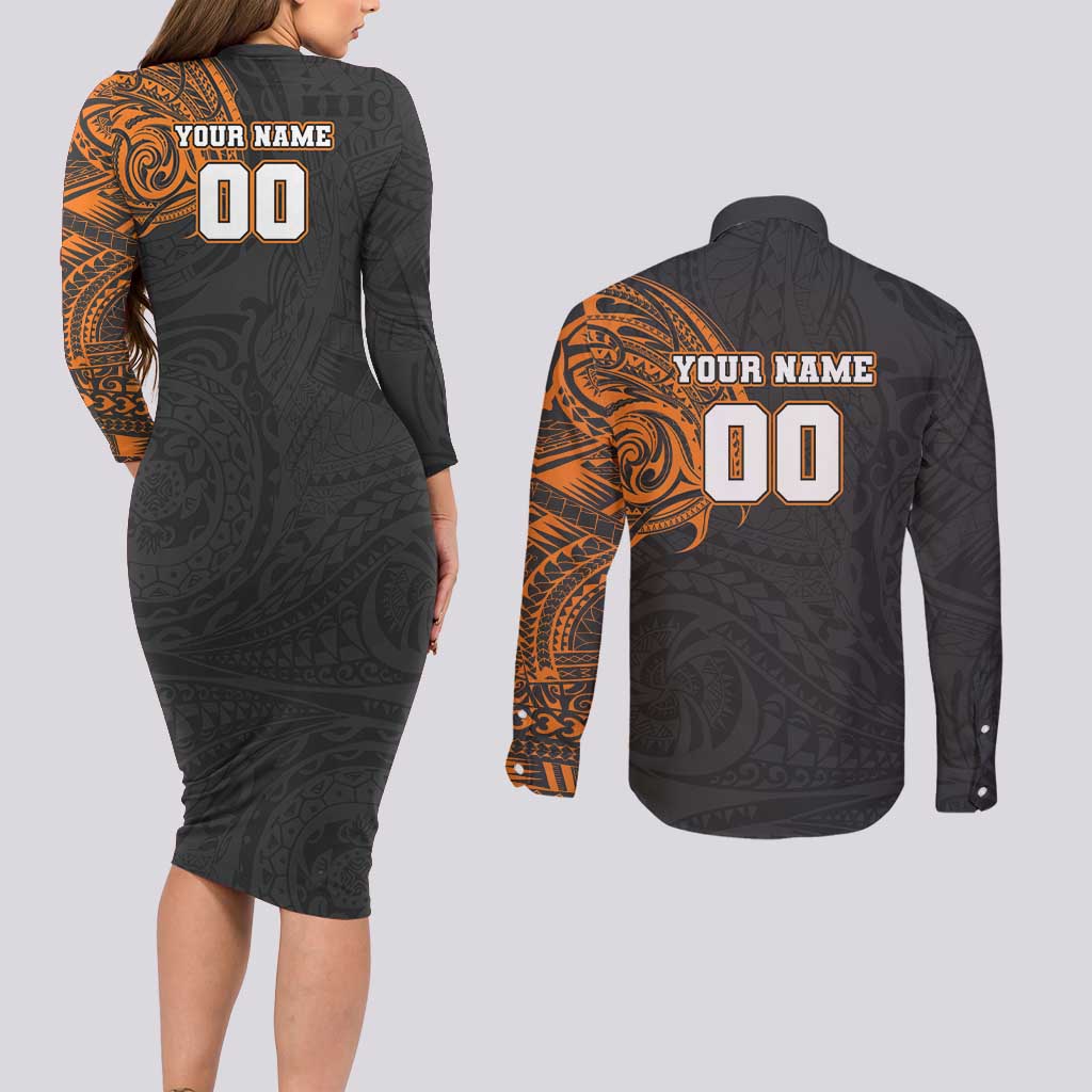 Personalized Giants Polynesian Couples Matching Long Sleeve Bodycon Dress and Long Sleeve Button Shirt Tribal Chest and Sleeve Tattoo Heritage Warrior
