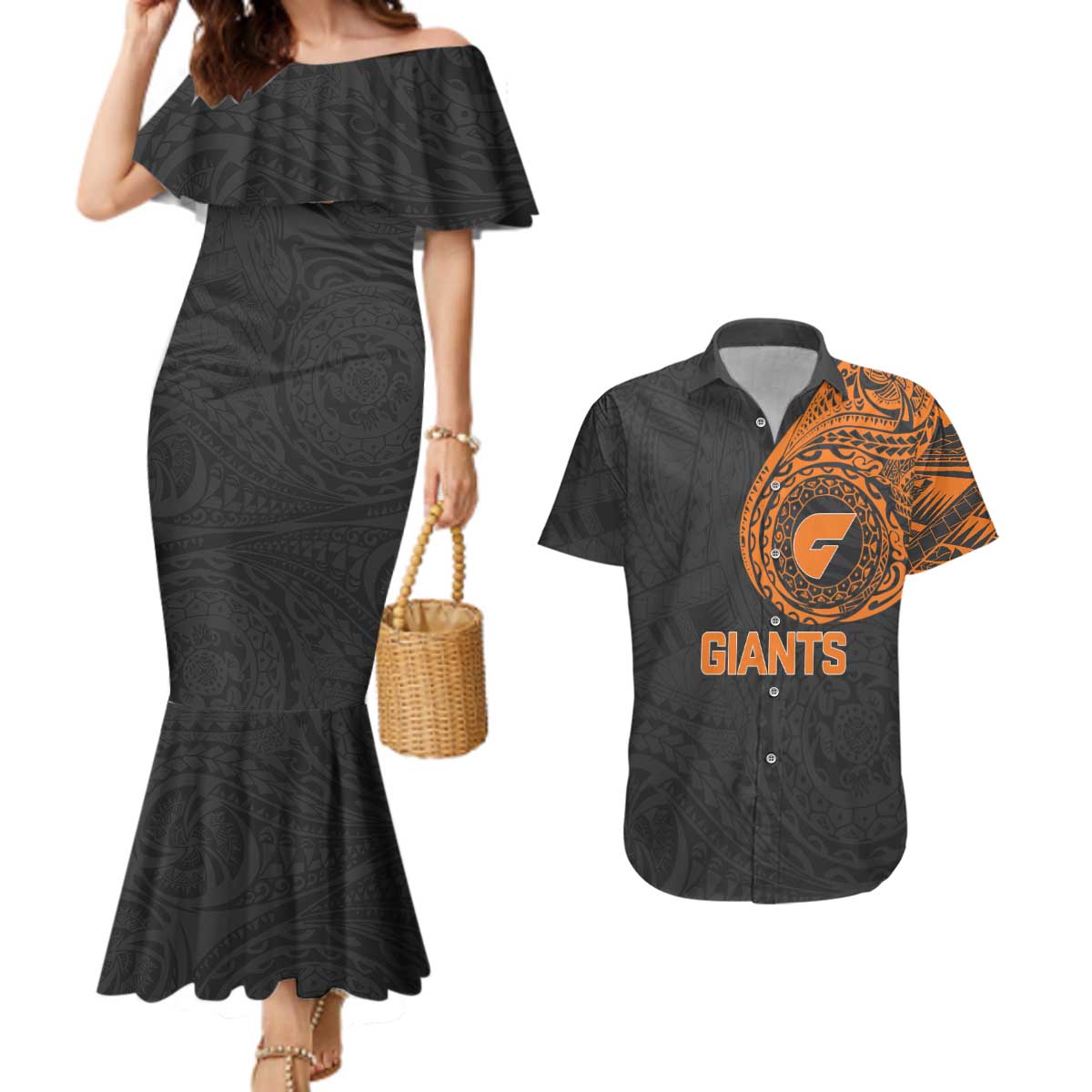 Personalized Giants Polynesian Couples Matching Mermaid Dress and Hawaiian Shirt Tribal Chest and Sleeve Tattoo Heritage Warrior