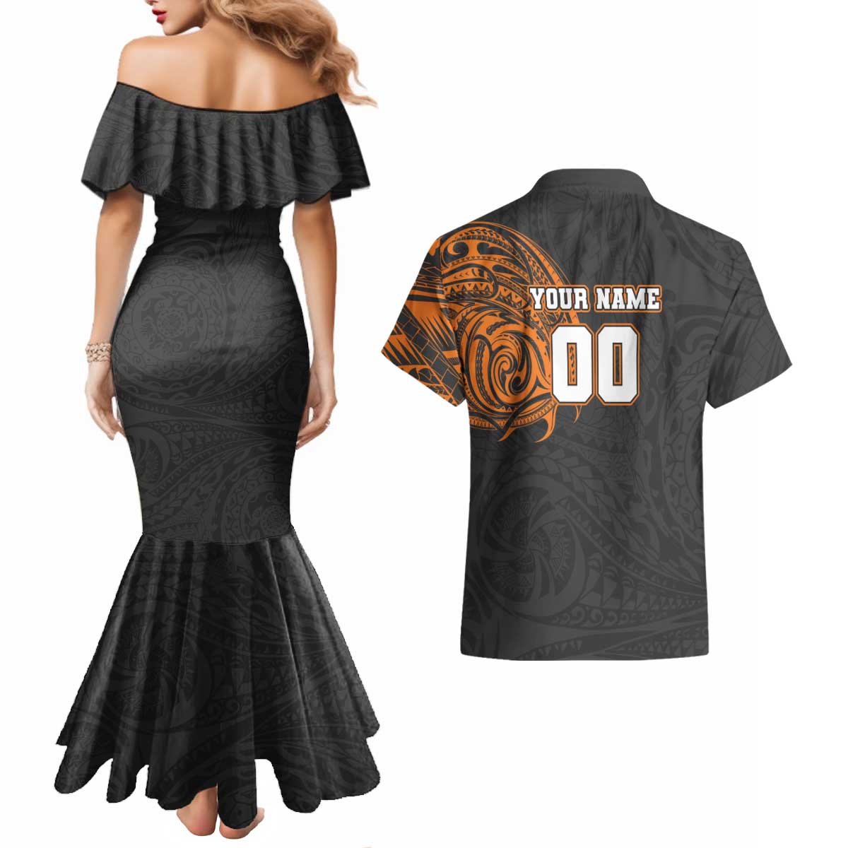 Personalized Giants Polynesian Couples Matching Mermaid Dress and Hawaiian Shirt Tribal Chest and Sleeve Tattoo Heritage Warrior