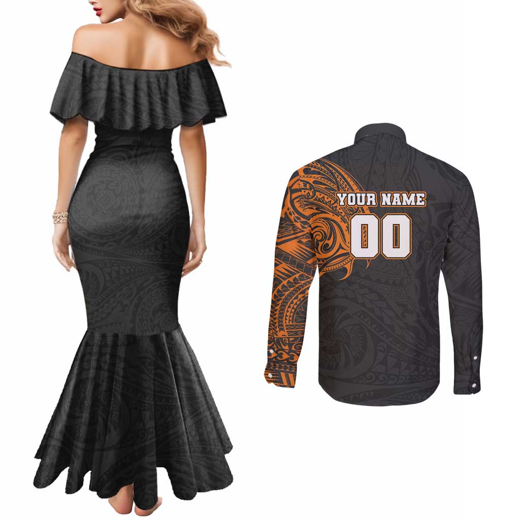 Personalized Giants Polynesian Couples Matching Mermaid Dress and Long Sleeve Button Shirt Tribal Chest and Sleeve Tattoo Heritage Warrior