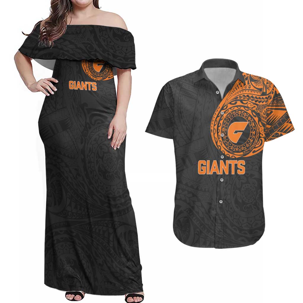 Personalized Giants Polynesian Couples Matching Off Shoulder Maxi Dress and Hawaiian Shirt Tribal Chest and Sleeve Tattoo Heritage Warrior