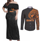 Personalized Giants Polynesian Couples Matching Off Shoulder Maxi Dress and Long Sleeve Button Shirt Tribal Chest and Sleeve Tattoo Heritage Warrior