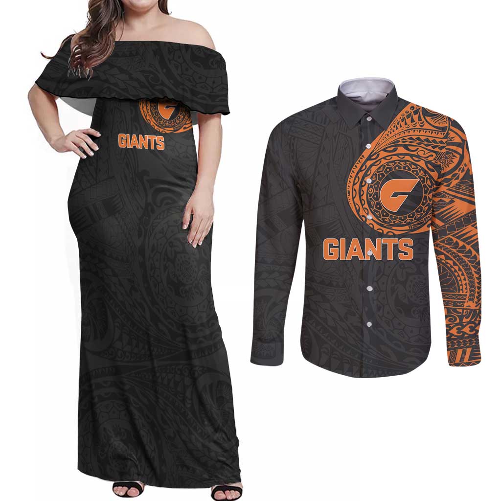 Personalized Giants Polynesian Couples Matching Off Shoulder Maxi Dress and Long Sleeve Button Shirt Tribal Chest and Sleeve Tattoo Heritage Warrior