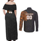 Personalized Giants Polynesian Couples Matching Off Shoulder Maxi Dress and Long Sleeve Button Shirt Tribal Chest and Sleeve Tattoo Heritage Warrior