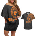 Personalized Giants Polynesian Couples Matching Off Shoulder Short Dress and Hawaiian Shirt Tribal Chest and Sleeve Tattoo Heritage Warrior