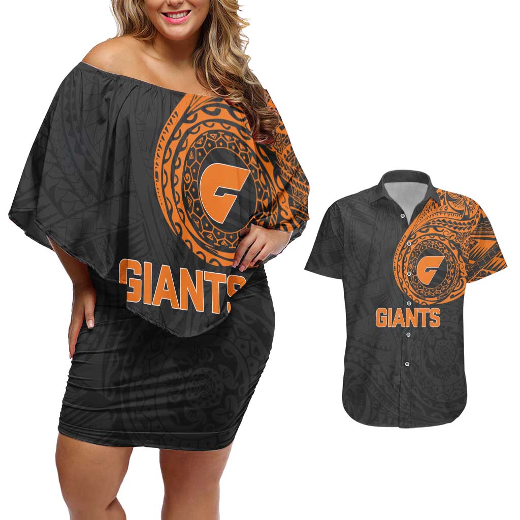 Personalized Giants Polynesian Couples Matching Off Shoulder Short Dress and Hawaiian Shirt Tribal Chest and Sleeve Tattoo Heritage Warrior