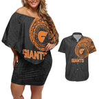 Personalized Giants Polynesian Couples Matching Off Shoulder Short Dress and Hawaiian Shirt Tribal Chest and Sleeve Tattoo Heritage Warrior