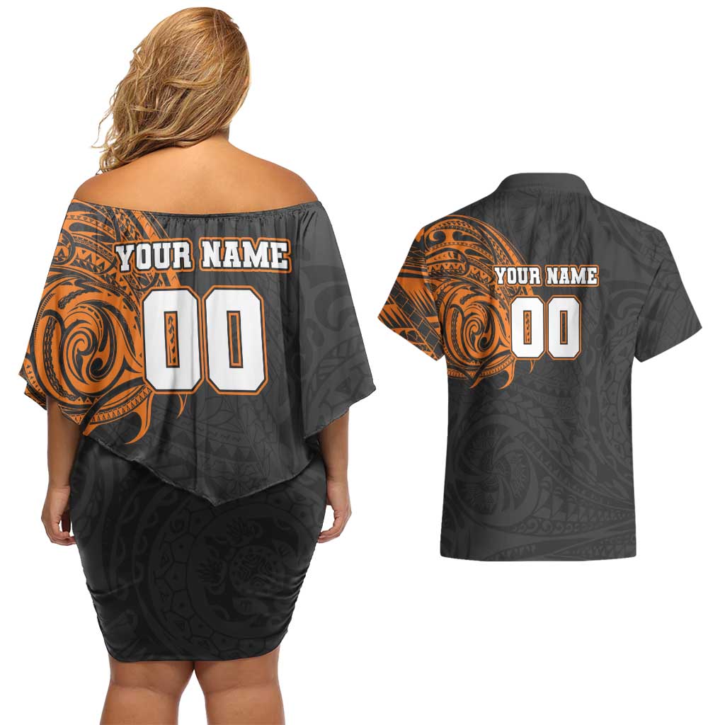 Personalized Giants Polynesian Couples Matching Off Shoulder Short Dress and Hawaiian Shirt Tribal Chest and Sleeve Tattoo Heritage Warrior
