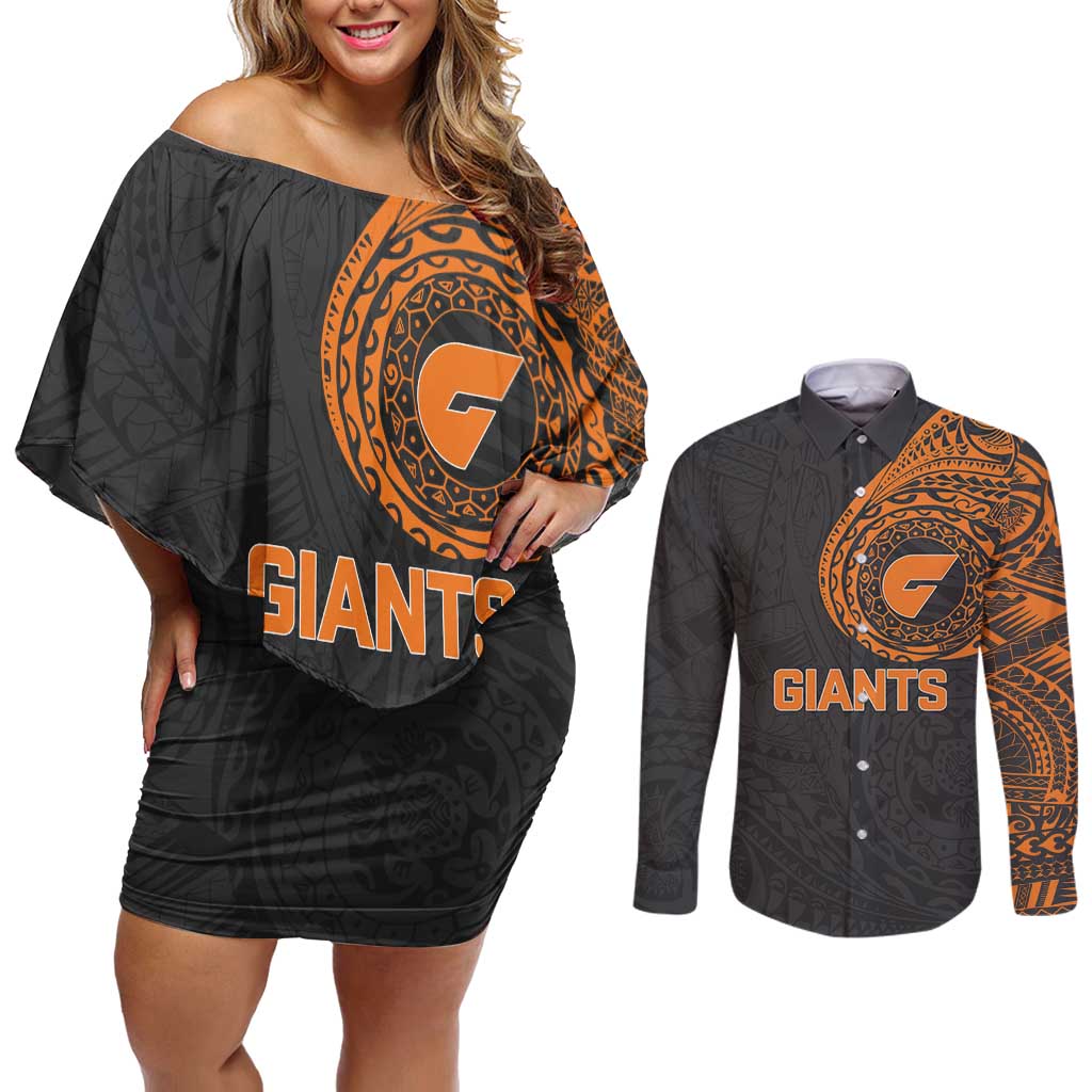 Personalized Giants Polynesian Couples Matching Off Shoulder Short Dress and Long Sleeve Button Shirt Tribal Chest and Sleeve Tattoo Heritage Warrior