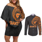 Personalized Giants Polynesian Couples Matching Off Shoulder Short Dress and Long Sleeve Button Shirt Tribal Chest and Sleeve Tattoo Heritage Warrior