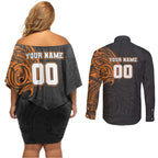 Personalized Giants Polynesian Couples Matching Off Shoulder Short Dress and Long Sleeve Button Shirt Tribal Chest and Sleeve Tattoo Heritage Warrior